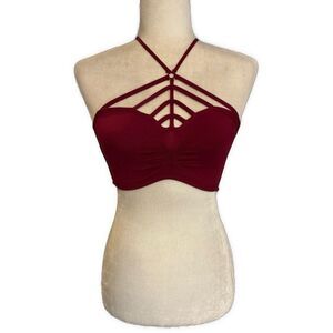 Love Mar LF Solid Burgundy Wine Red Caged Bra Bralette Nylon Spandex
